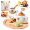 OMYBaby Wooden Tea Set for Little Girls, 19pcs Tea Party Playset with Teapot, Tea Cups, Dessert Stand, Macaroons, Cakes & Tray, 