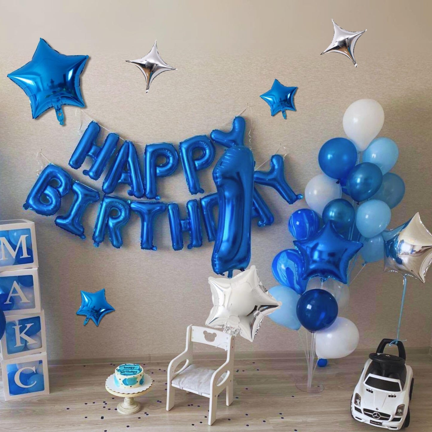 Happy Birthday Balloons Banner, Blue Happy Birthday Foil Balloons 16 Inch Mylar Foil Letter Balloons With 8 Pcs Blue Silver Star