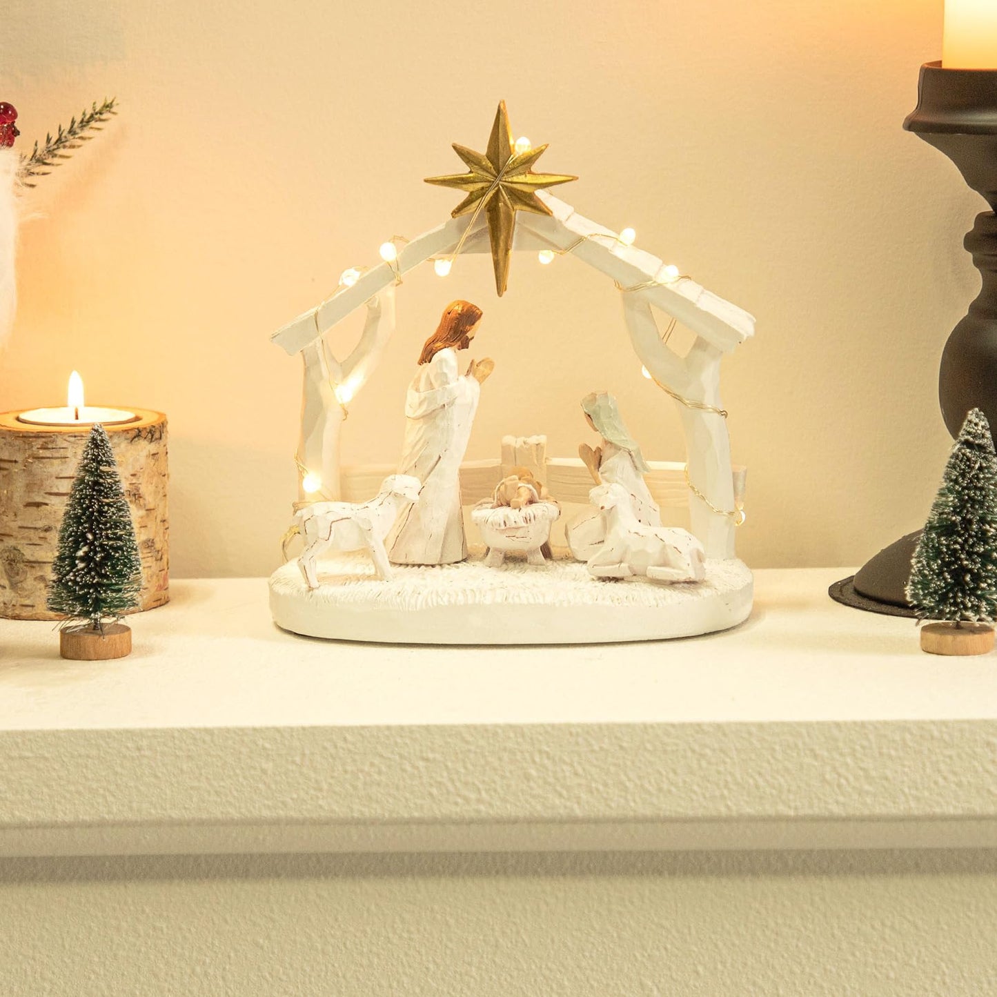 Hotme Nativity Scene With Lights, Sculpted Hand Painted Nativity Figurine, Holy Family Manger Scene Nativity Sets For Christmas