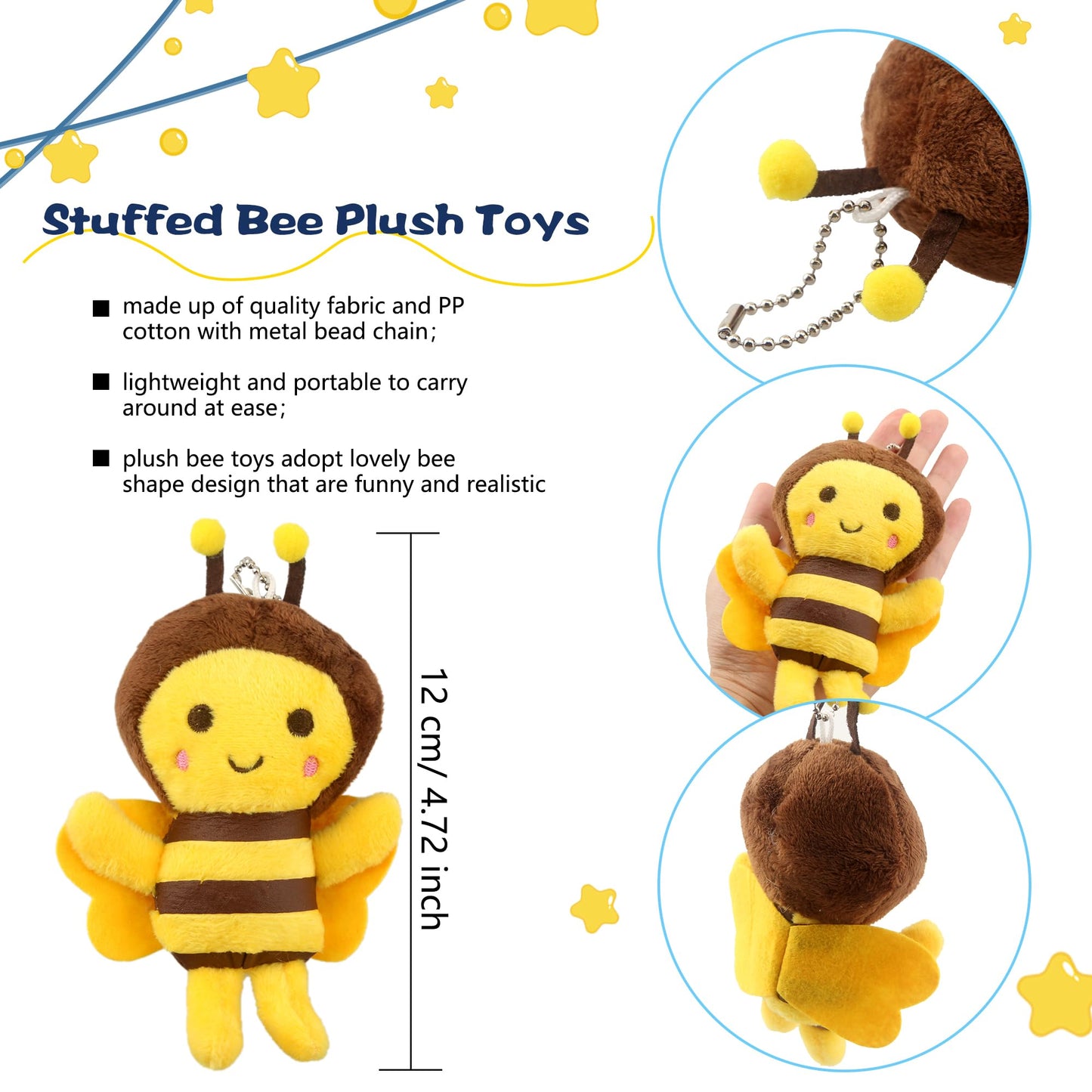 Puteraya 60 Pack 5 Inch Mini Bee Stuffed Animal Toys Cute Soft Plush Honeybee Keychain Lifelike Small Bee Plush For Baby Shower