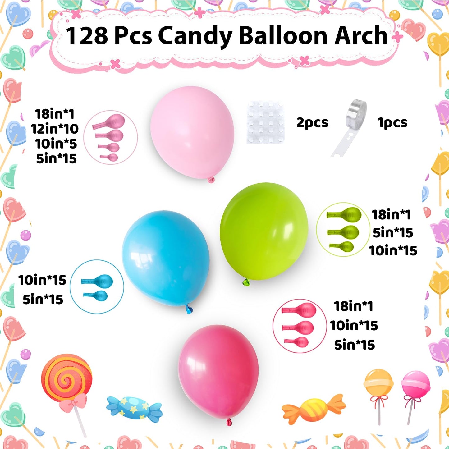 Candy Colorful Balloon Arch, 128 Pcs Pastel Rainbow Balloon Garland With Bright Light Baby Hot Pink Blue Lime Green Balloons, Ma