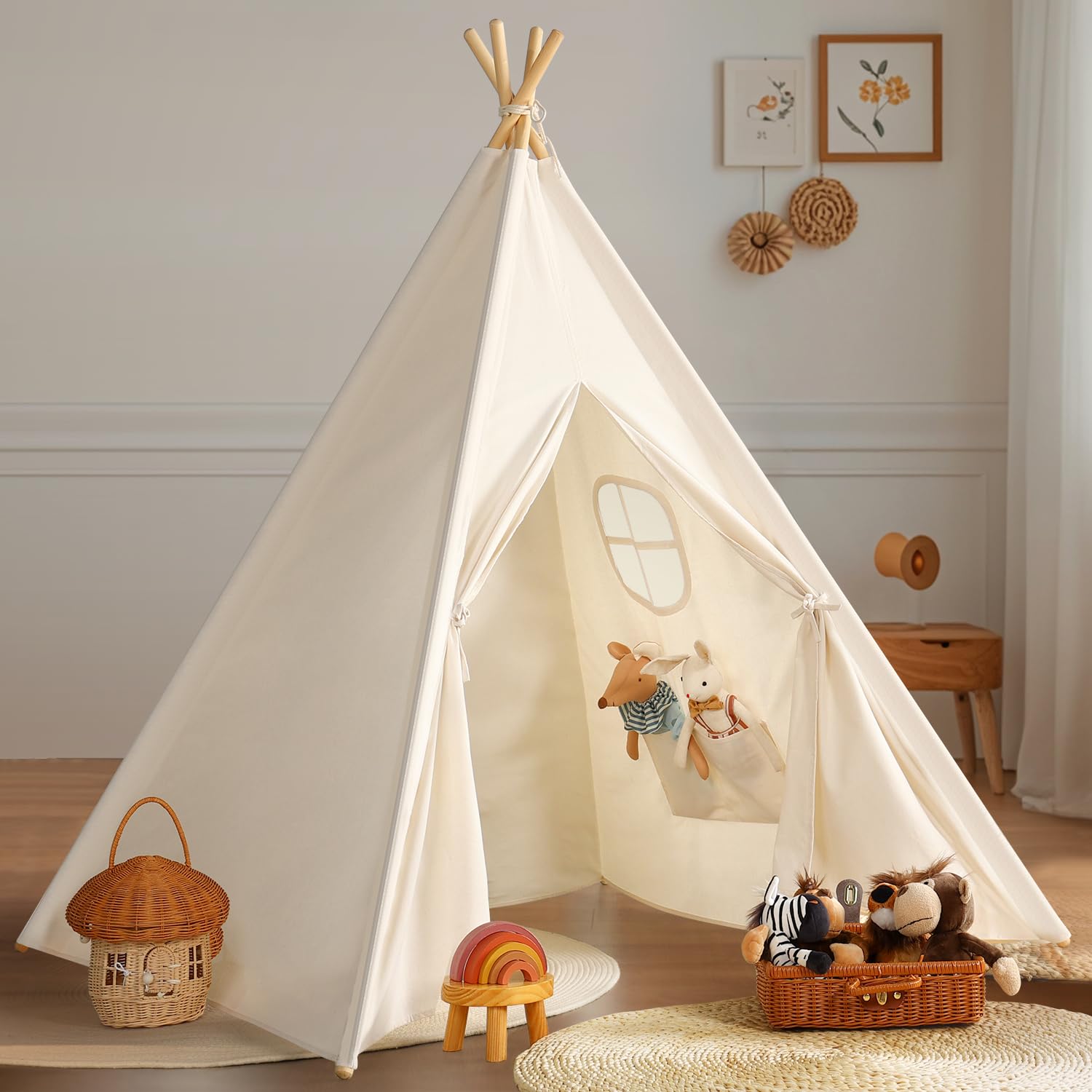 Sumbababy Teepee Tent For Kids Indoor - Natural Canvas Kids Play Tent - Washable Tipi Sleepover Tents With Lights & Carry Bag, Outdoor Toddler Tents For Girls & Boys - Foldable Playroom Gift Toys