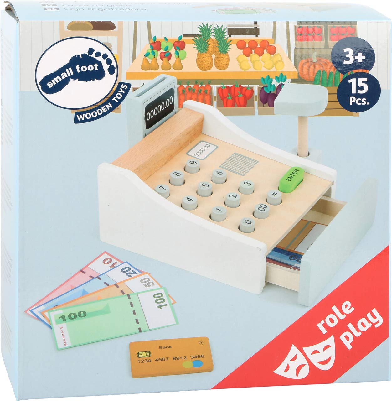 Small Foot Wooden Cash Register Set - Includes Push Buttons, Scanner & Money, Medium, Multicolour, Model 11099, Ages 3+ Years