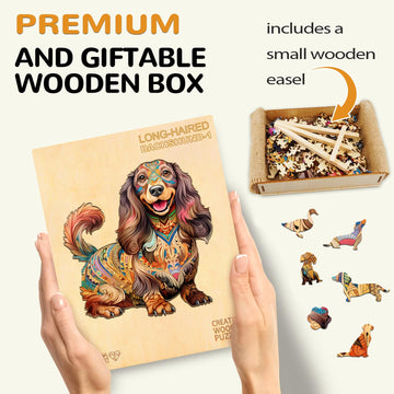 Wooden Puzzle For Adults, Long-Haired Dachshund Dog Wooden Jigsaw Puzzle, Unique Shape Animal Wood Puzzles With Beautiful Box, F