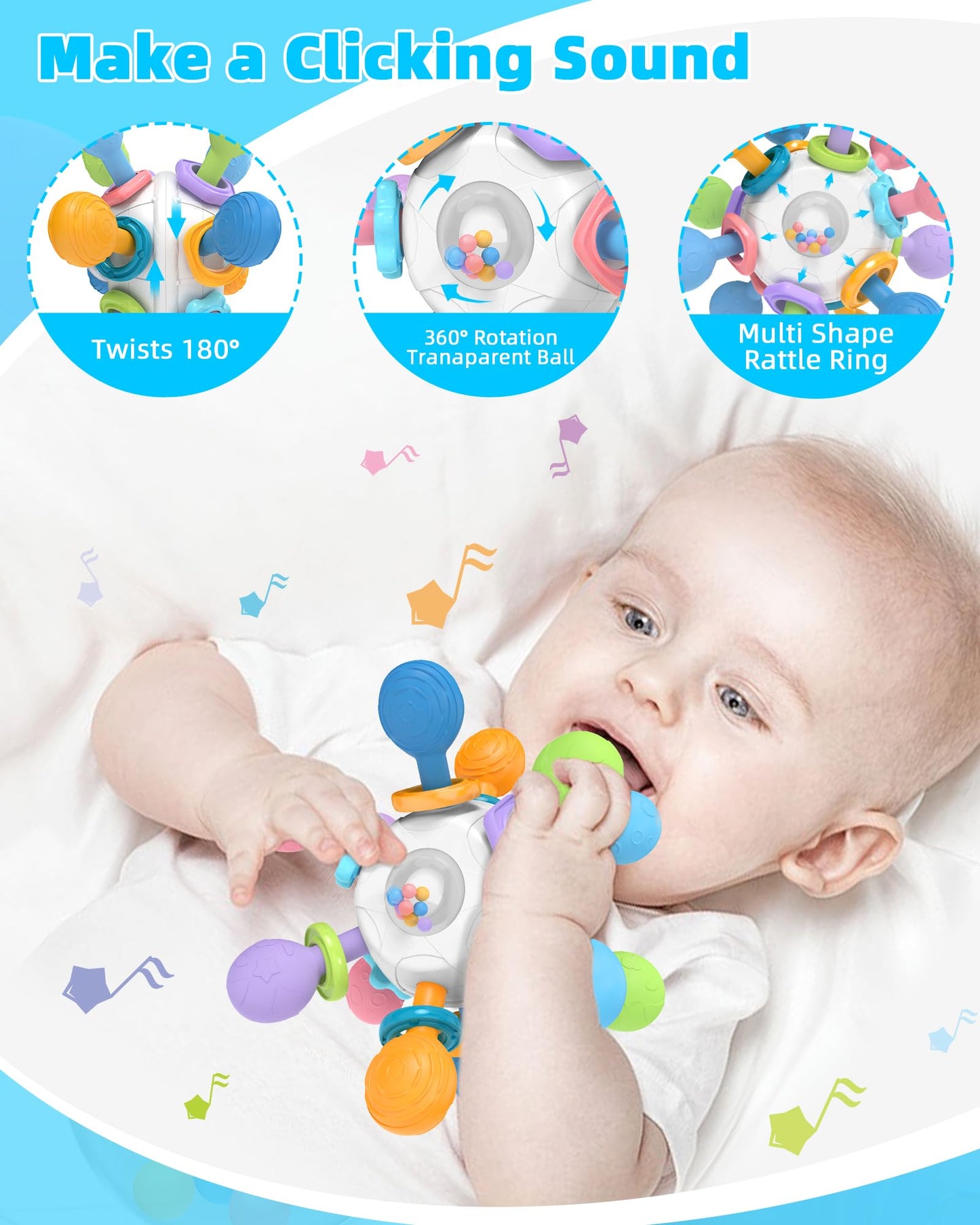 Baby Montessori Teething Toys 0-6 6-12 Month, Food Grade Baby Rattle Chew Sensory Teething Toys, Newborn Infant Learning Develop