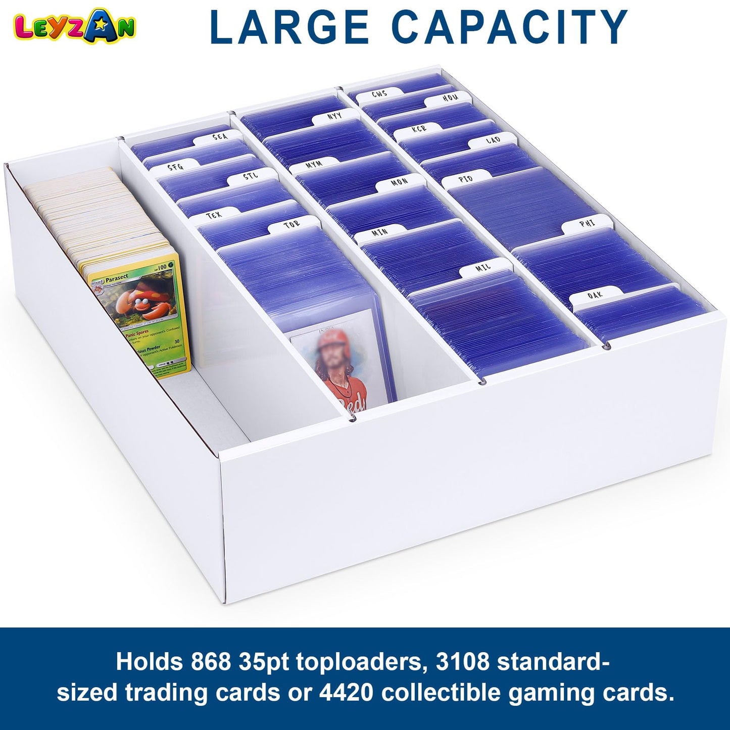 Leyzan Trading Card Storage Box, 3200 Count Cardboard Storage Box With Divider For Sports, Tcg, Mtg Card(1 Pack)