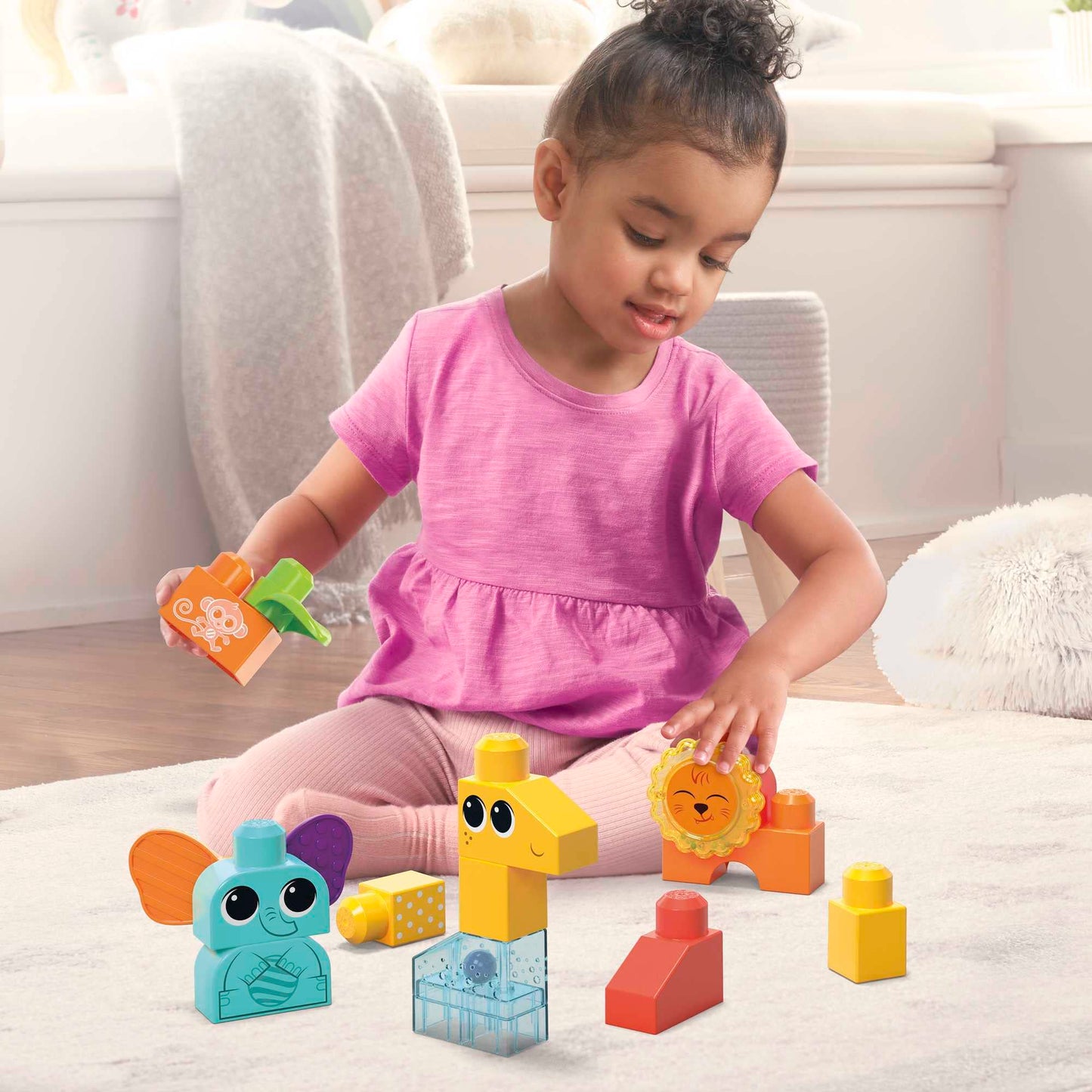 Mega BLOKS Toddler Building Blocks Set, Rock ‘n Rattle Safari, 15 Pieces, Multi-color, Ages 1+, Model HKN42