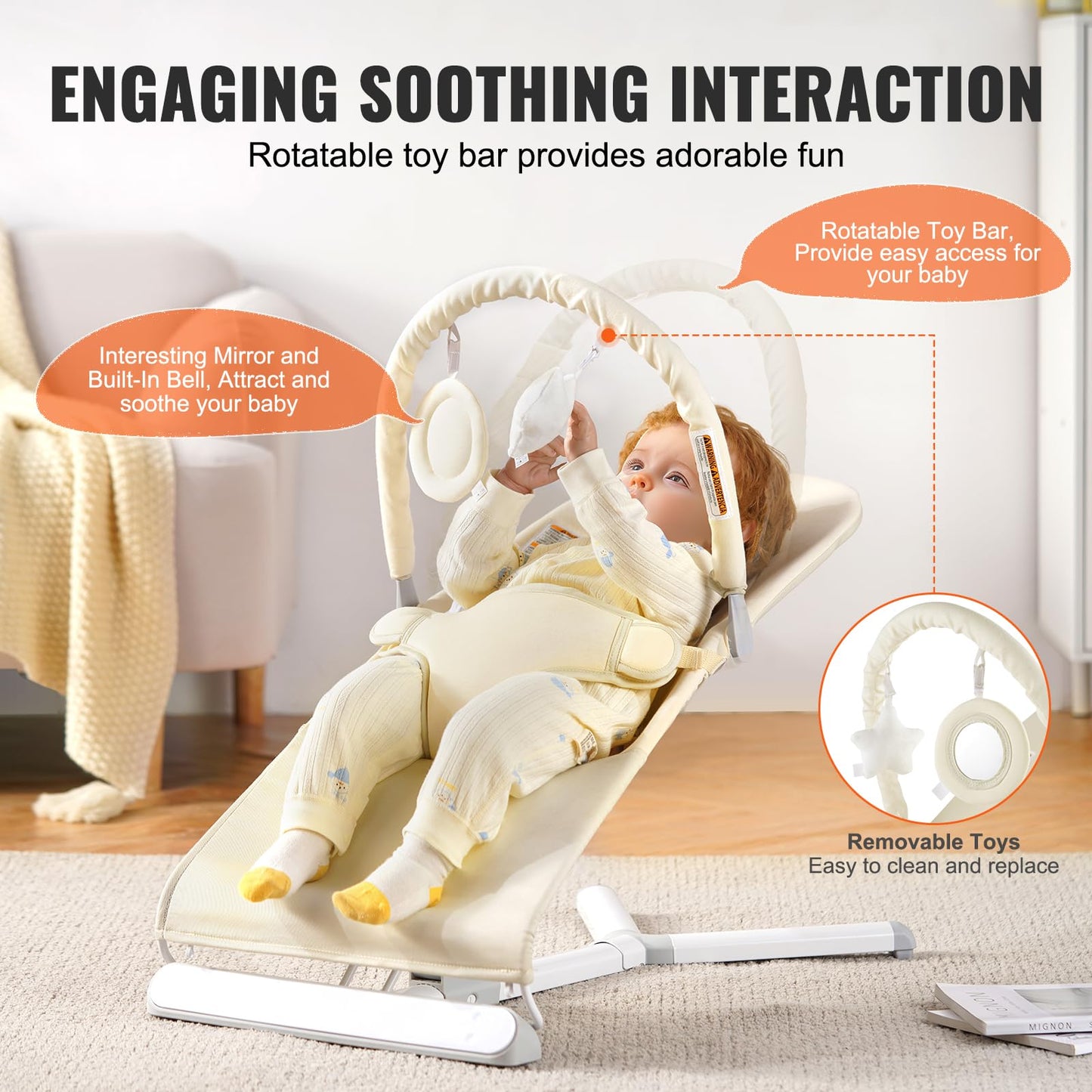 Vevor Baby Bouncer, Folding Bouncer Seat For Babies 0-9 Months, Baby Bouncer With 2 Reclining Angles & Rotatable Toy Bar, Portab