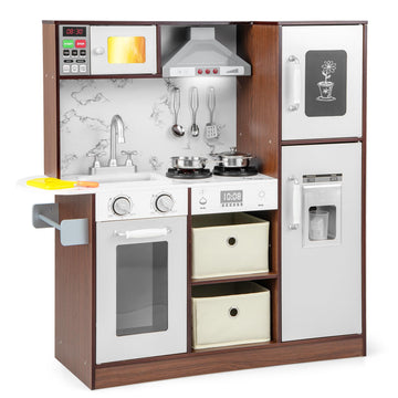 Costzon Kids Kitchen Playset, Wooden Pretend Cooking Kitchen Toy With Realistic Sounds & Light, Range Hood, Microwave, Ice Maker