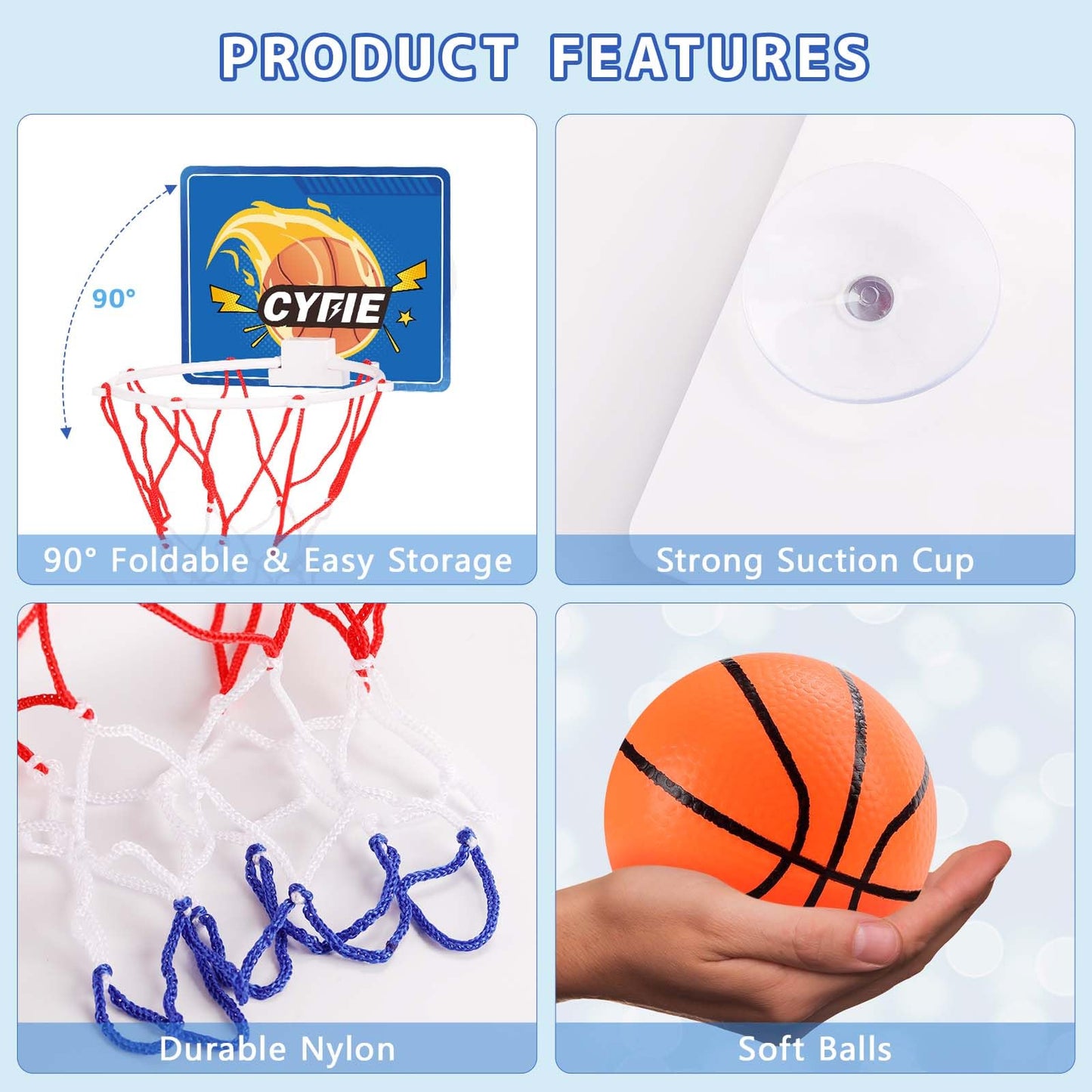 Cyfie Toddler Basketball Hoop - Suction Cup Bath Toy For Kids Bathroom Office, Indoor Over The Door Mini Basketball Hoops For Girls Boys