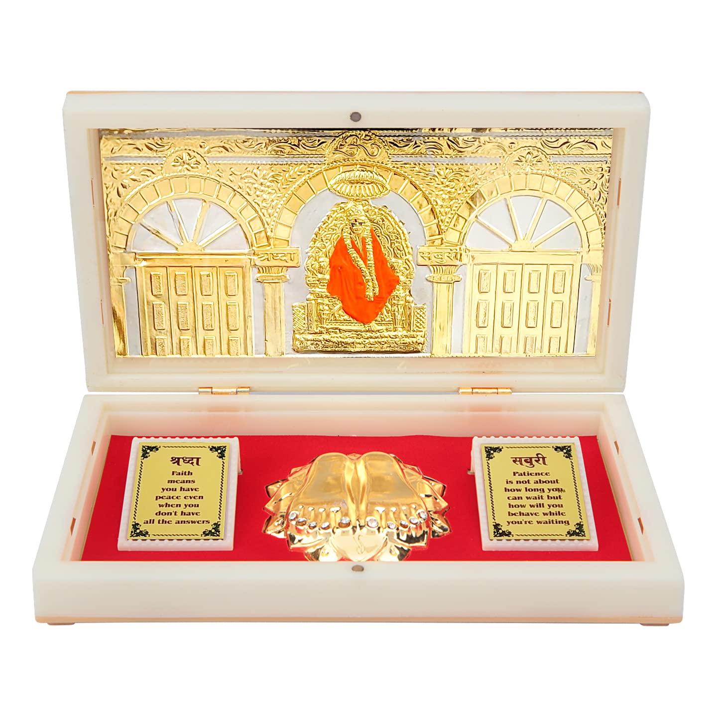 ARNAVIRA Gold Plated Photo Frame with Charan Paduka Pocket Temple for House Warming Gifts Return Gift Diwali Gift Puja Box (Shri