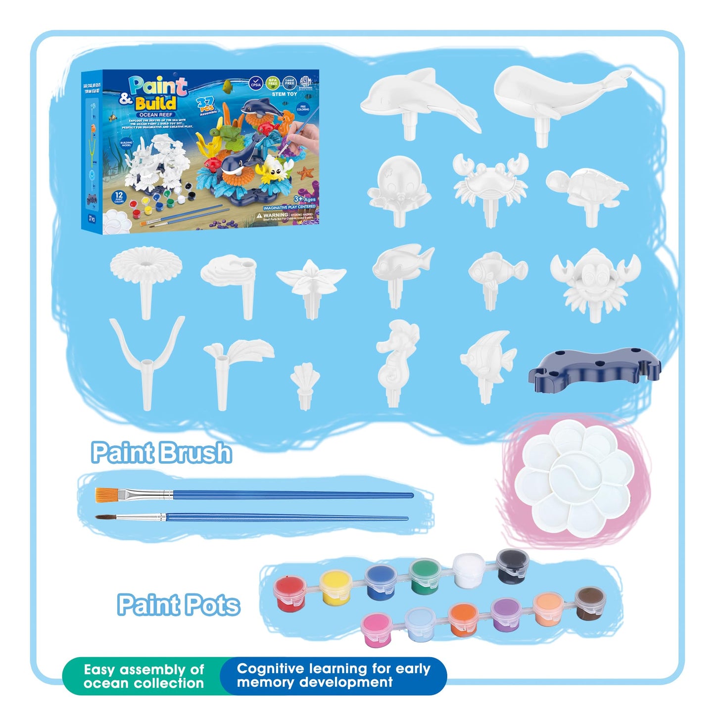 KC Republic Ocean Reef Sea Creatures 37pcs Water Washable Painting & Building Toy Set, Childrens Activity Art Kit, Paint Your O