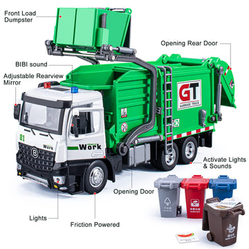 Garbage Truck Toys Metal Cab, Realistic Trash Truck Toys for Boys with Lights and Sounds, Friction Powered Recycling Truck for K
