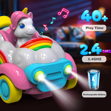 HopeRock Unicorn Toys Remote Control Cars,Toys for Ages 2-4,Gifts for 2 Year Old Girls 2 Pack with LED Lights,Music,and Sound,Bi