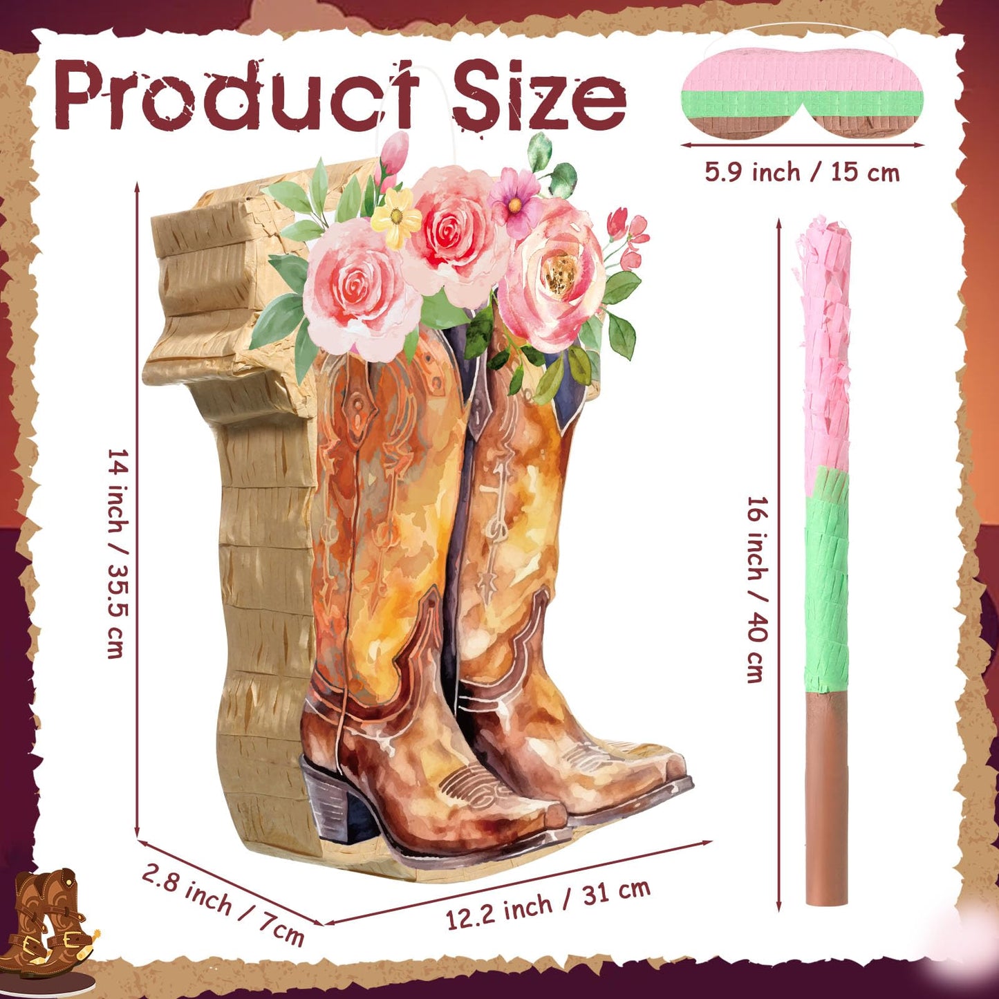 Pajean Cowgirl Boot Piñata Set - Pink Paper Piñata with Stick & Blindfold for Girls' Birthday, Bridal Shower & Horse Racing Parties