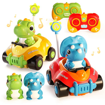 Uregoio 2 Pack Remote Control Cars for Toddlers 1-3, Dinosaur Car for Kids Age 2-4, Babies Toys for 18+Months, RC Car with LED L