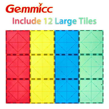 Gemmicc 12 PCS Large Magnetic Tiles, Jumbo Magnet Base Plates, STEM Building Blocks, 5.9 inches, Red/Blue/Yellow/Green