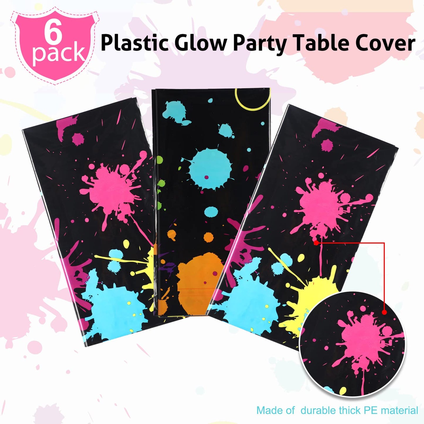 Glow Party Table Covers Neon Party Tablecloths 108 X 54 Inch Glow Party Tablecloths Disposable Plastic Neon Glow Table Cloth For Neon Birthday Party Black Light Party Supplies (6 Pieces)