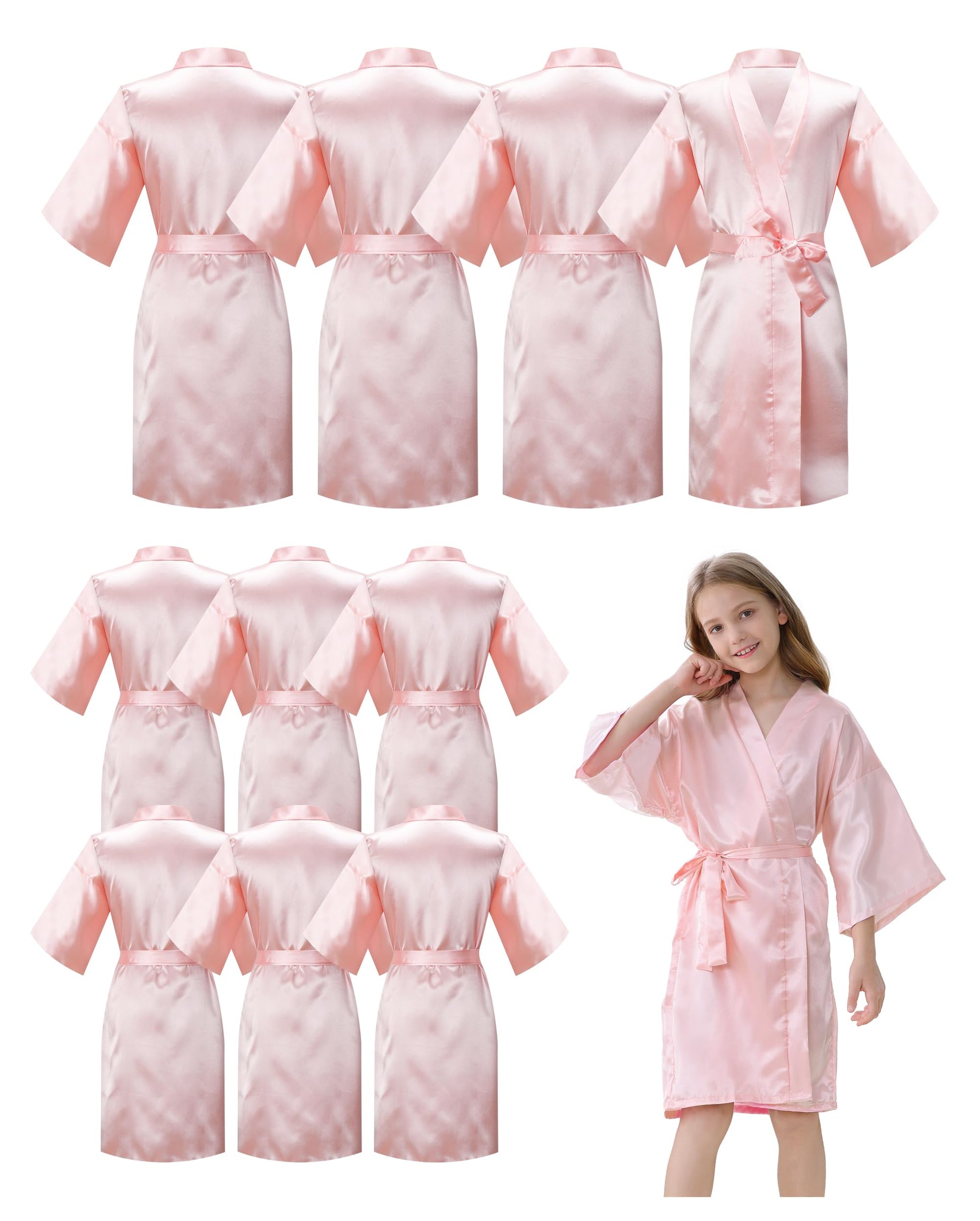 Ivrriss 10Pcs Kid Girls Spa Costume Party Robes Set Silky Plain Kimono Robes For Wedding Birthday(Light Pink,14)