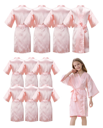 Ivrriss 10Pcs Kid Girls Spa Costume Party Robes Set Silky Plain Kimono Robes For Wedding Birthday(Light Pink,8)