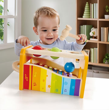 Hape Pound, Tap, & Shake! Music Set - Award Winning Wooden Pounding Bench, Baby Xylophone, And Tap Along Tambourine - Developmen