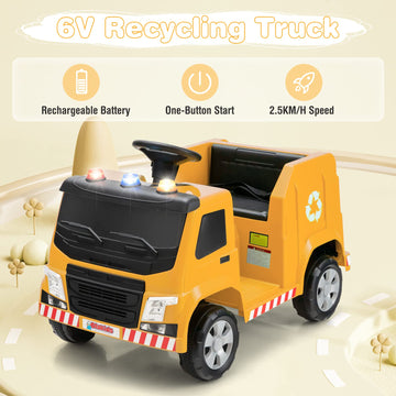 Olakids Ride On Car, 6V Recycling Garbage Truck Electric Vehicle With Music, Horn, Warning Lights, Recycling Accessories Included, Toddlers Battery Powered Trash Toy For Boys Girls (Yellow)
