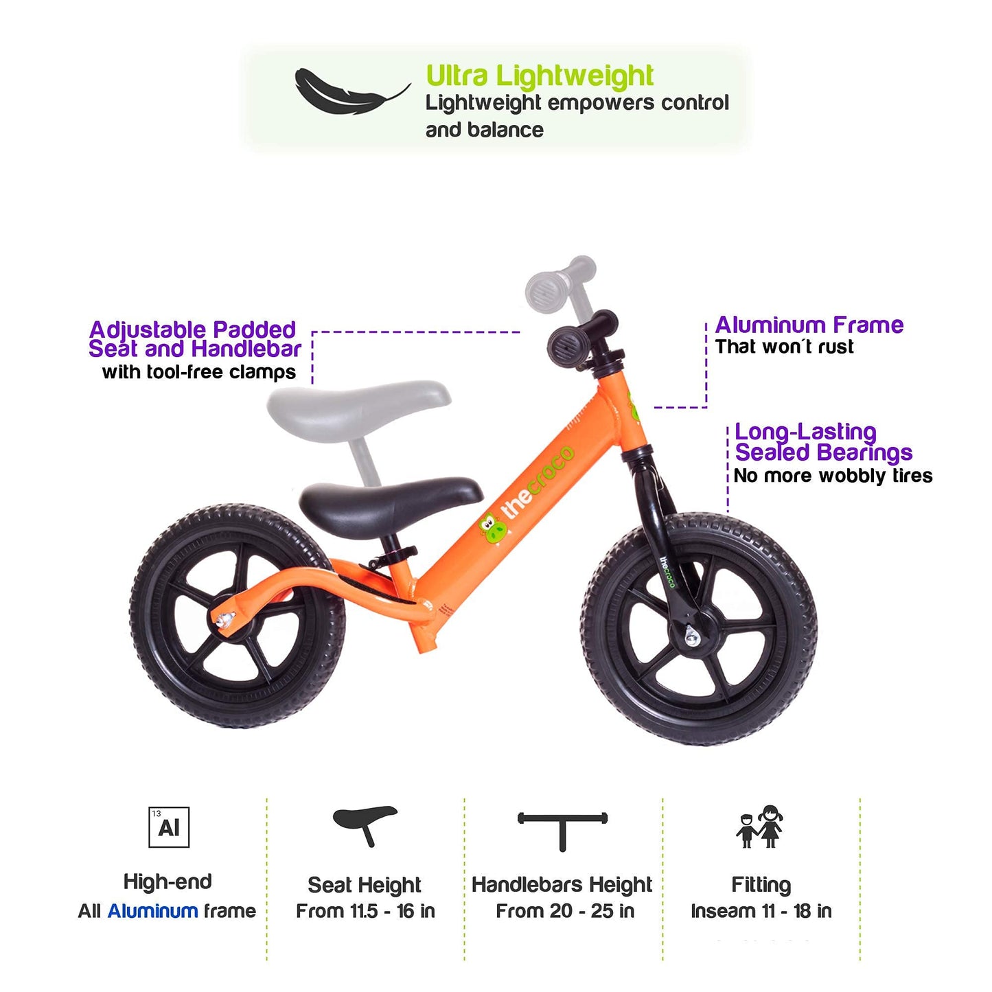 The Original Croco Ultra Lightweight And Sturdy Balance Bike.2 Models For 2, 3, 4 And 5 Year Old Kids. Unbeatable Features. Toddler Training Bike, No Pedal. (Orange, Ultralight 12 Inch)