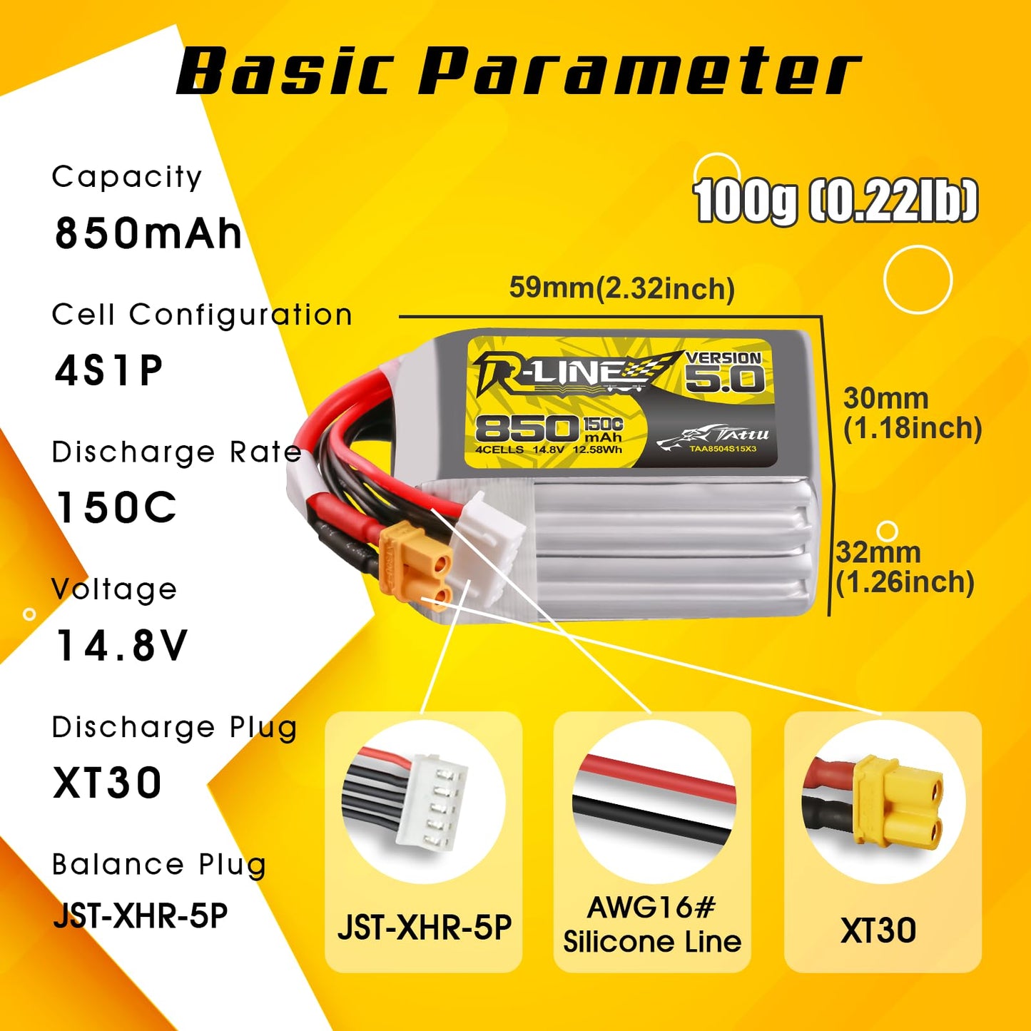 Tattu R-Line Version 5.0 4S Lipo Battery 14.8V 150C 850Mah Lipo Battery Pack With Xt30U-F Plug