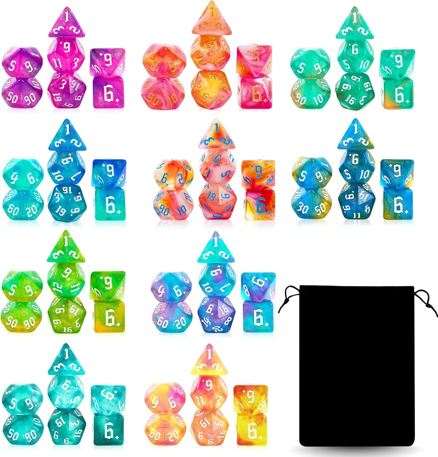DND Dice Set,10x7 (70 Pieces) Polyhedral Dice with a Large Drawstring Bag Great for Dungeons and Dragons, Role Playing RPG MTG T