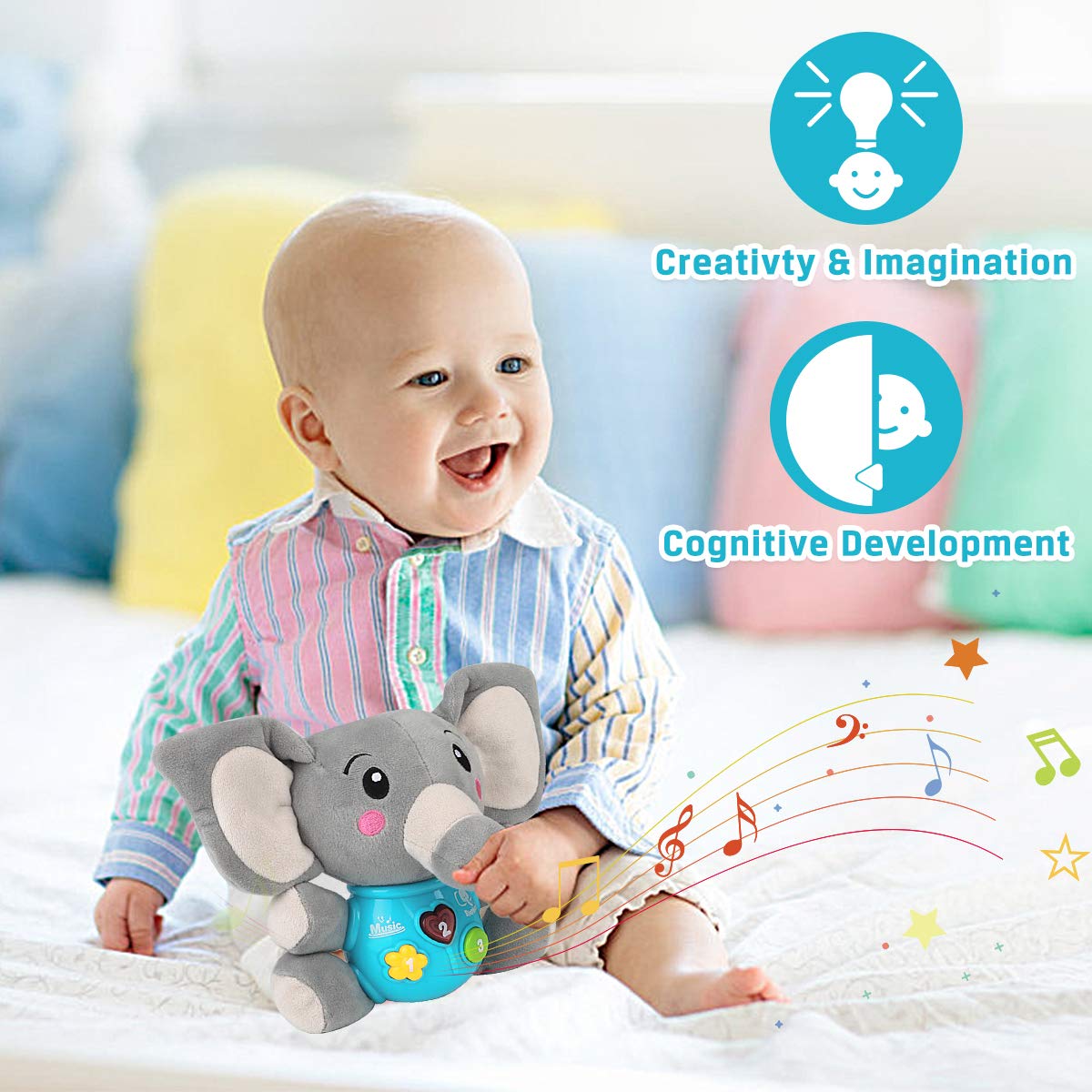 Aitbay Plush Elephant Music Baby Toys 0 To 6 Months, Cute Stuffed Animal Light Up Baby Toys Newborn Baby Musical Toys For Infant Babies Boys & Girls Toddlers 6 To 12 Months