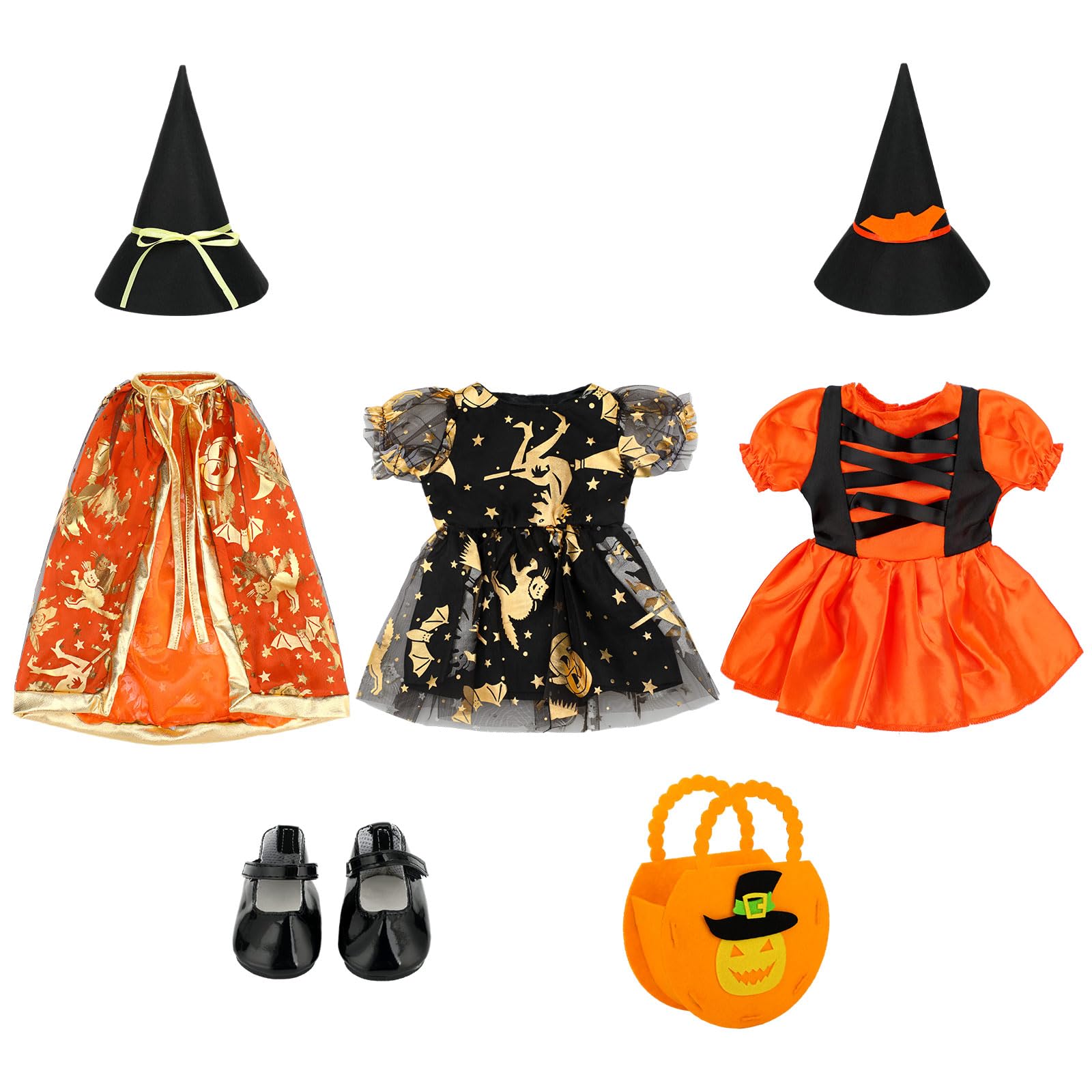 8 Pcs Halloween Doll Clothes and Accessories for 18 Inch  Pumpkin Halloween Doll Outfit  Dress  Shoes  Socks  Witch Hats  Bag Sets