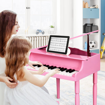Goplus 30-Key Classical Kids Piano, Mini Grand Piano Wooden Learn-To-Play Musical Instrument Toy With Bench, Piano Lid, Music Rack, Gift For Boys Girls Aged 2+ Baby Tollder(4 Straight Leg-Pink)