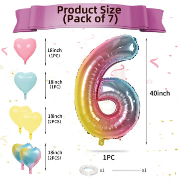 Biapian 40 Inch Rainbow Number 6 Balloons, 7Pcs Gradient Large 6Th Birthday Balloons With 18'' Foil Heart Balloon Helium For 6Th