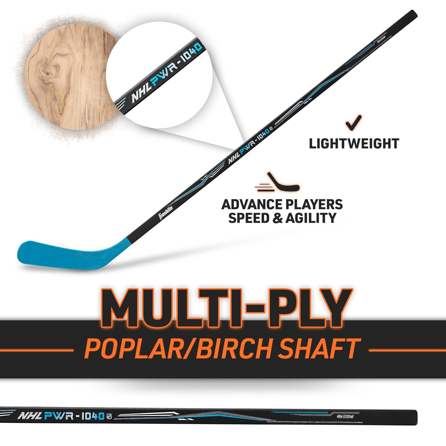 Franklin Sports NHL Youth Street Hockey Stick - 48" Right-Handed Wood/Fiberglass - Blue/Black - Model 40101C1L