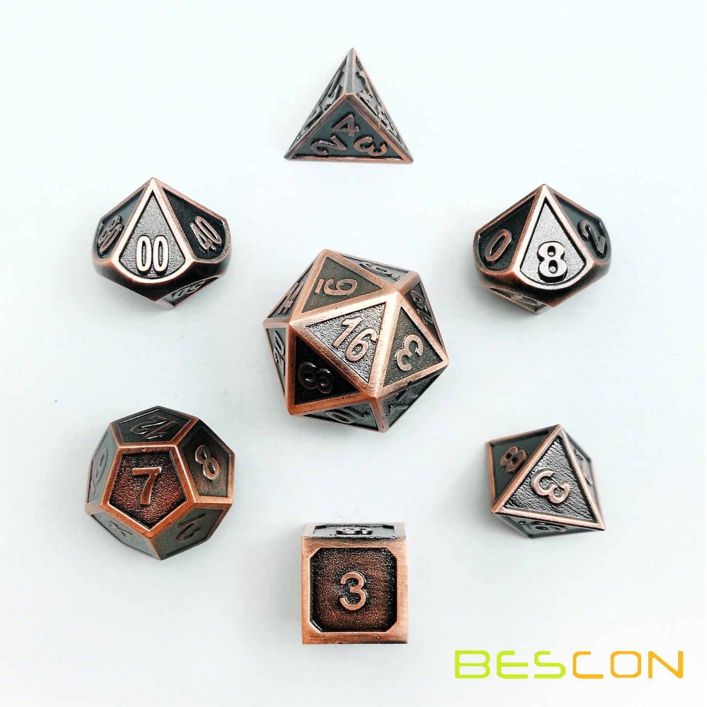 Bescon Antique Copper Solid Metal Polyhedral Dice Set of 7 Copper Metallic RPG Role Playing Game Dice 7pcs Set D4-D20