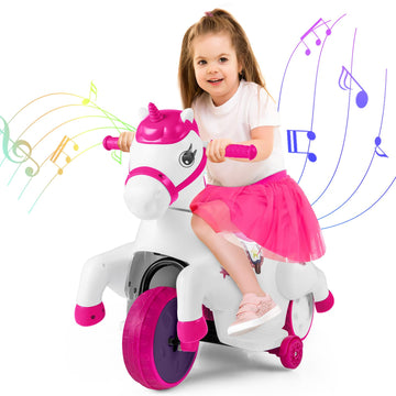 Honey Joy 12V Unicorn Ride On Toys, 3-Wheeler Battery Powered Motorized Ride On Horse W/Training Wheels, Music, Up & Down, Pony