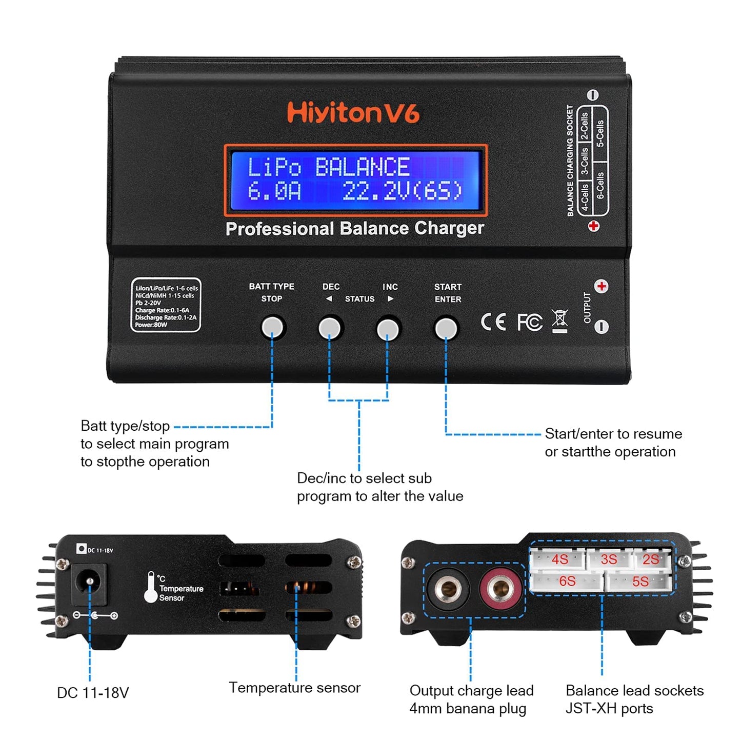 Lipo Battery Charger, 1S-6S Balanced Charger Discharger, 1-6S Lipo Li-ion NiMH NiCD Li-Fe Battery with Tamiya XT60 Deans Futaba
