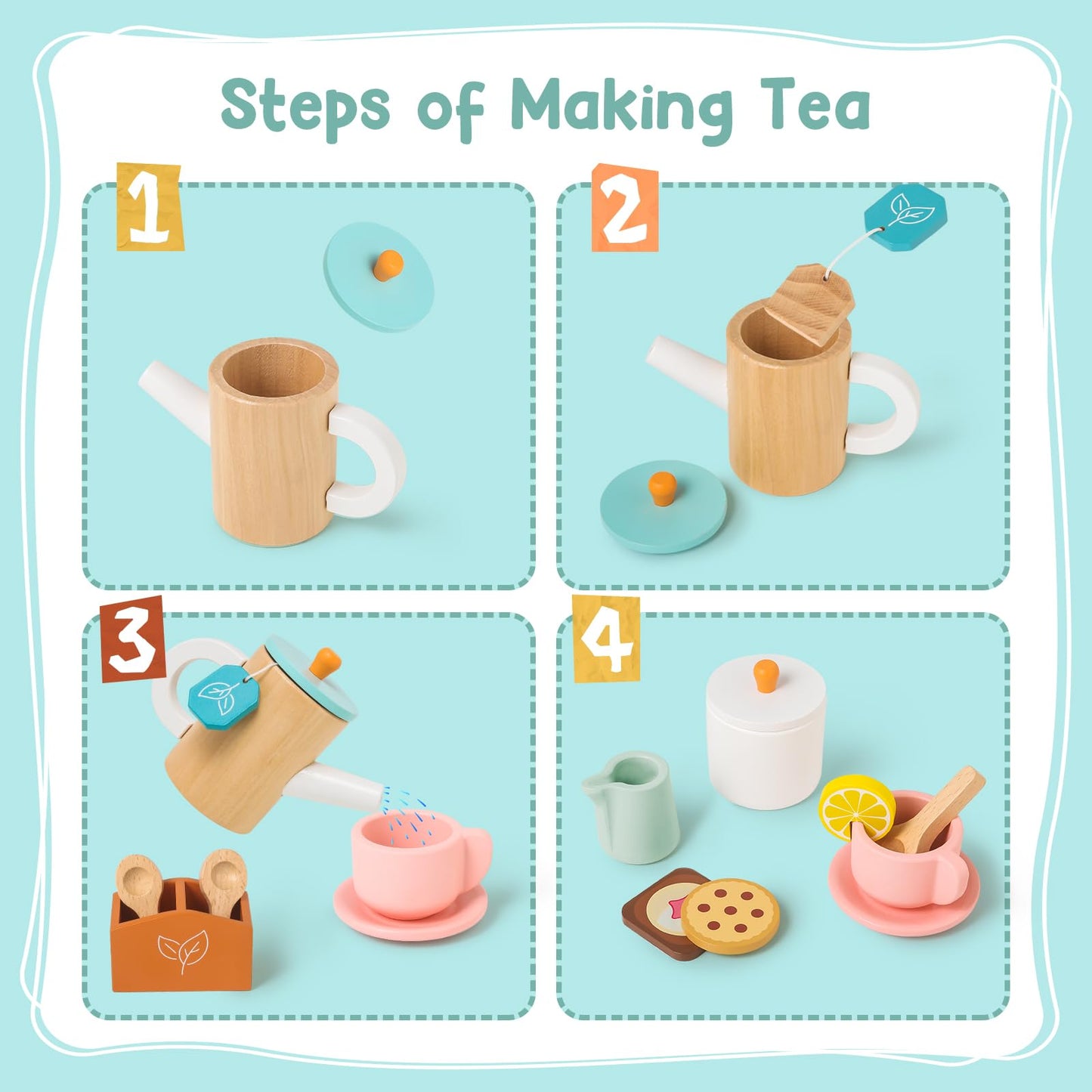 KMUYSL Wooden Toys for Kids, Wood Tea Set Pretend Toys for Little Girls, Tea Party Set Kids Kitchen Accessories Toy, Christmas B