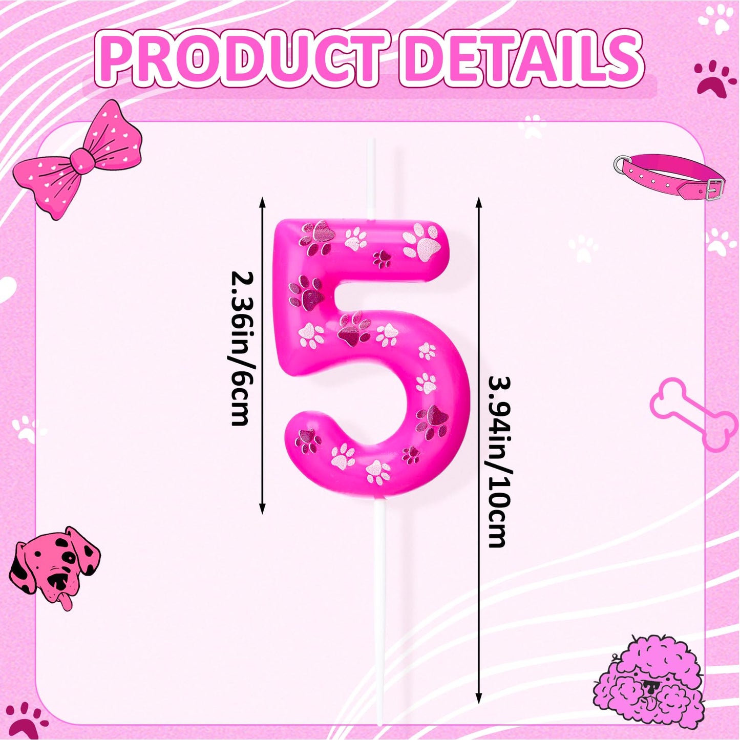 Conelist Number 5 Dog Paw Birthday Candles Dog Patrol Toppers Candles Rose Red, Pink, Purple Numeral Birthday Cake Topper for 5