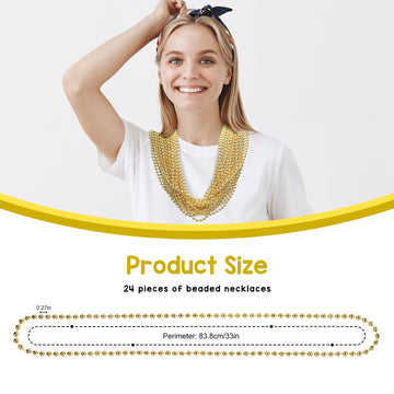 Artlunar 24 PCS Bead Necklace, Gold Mardi Gras Beads Party Stuff, 33'' Mardi Gras Christmas Beads Necklace Costume, Festival Par