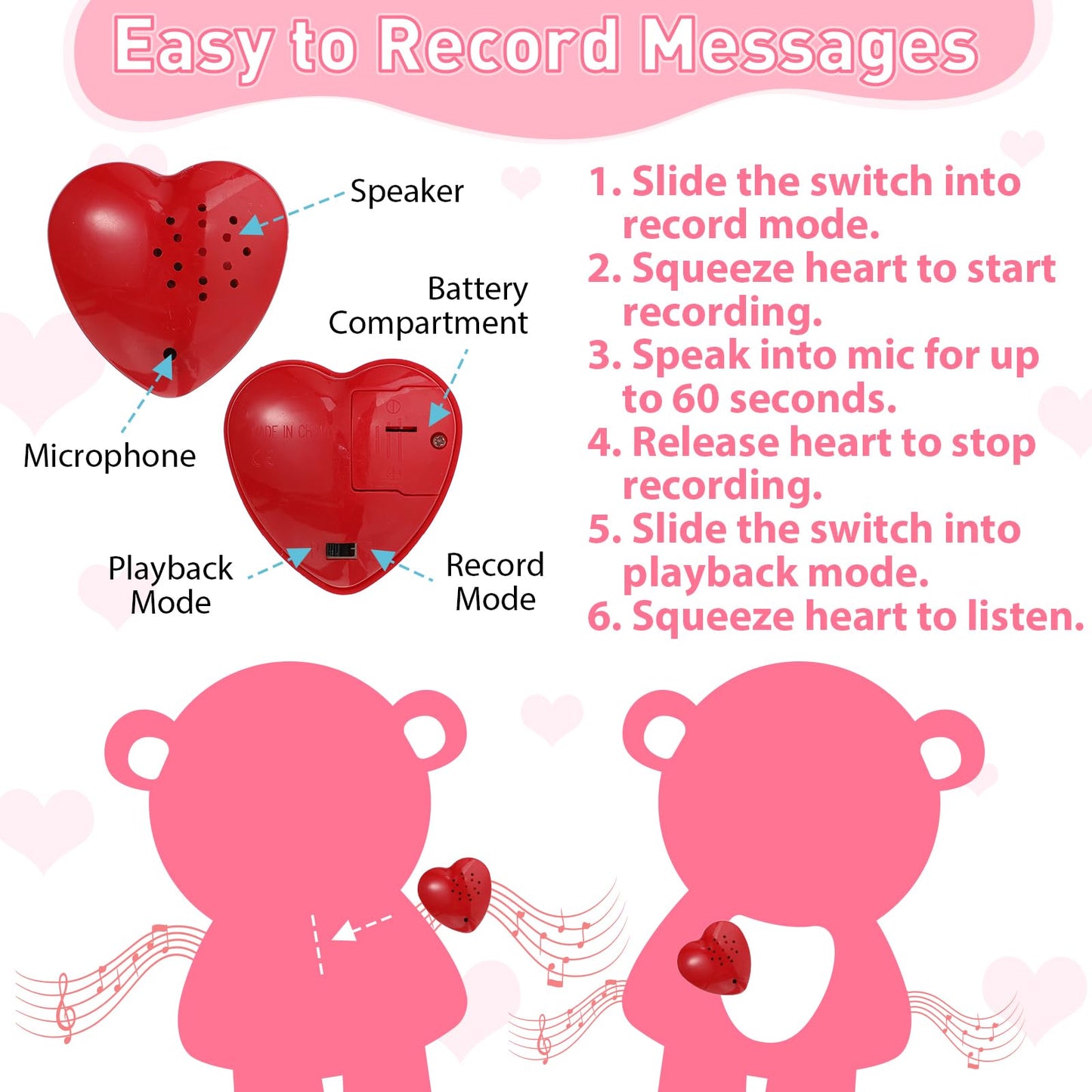 Hungdao Bear Stuffed Animals With Voice Recorder Set, 60 Seconds Voice Sound Recorder Module 16 Inch Soft Plush Bear Cute Stuffed Bear With Zipper Sound Box Recordable Heart For Boys Girls (Pink)