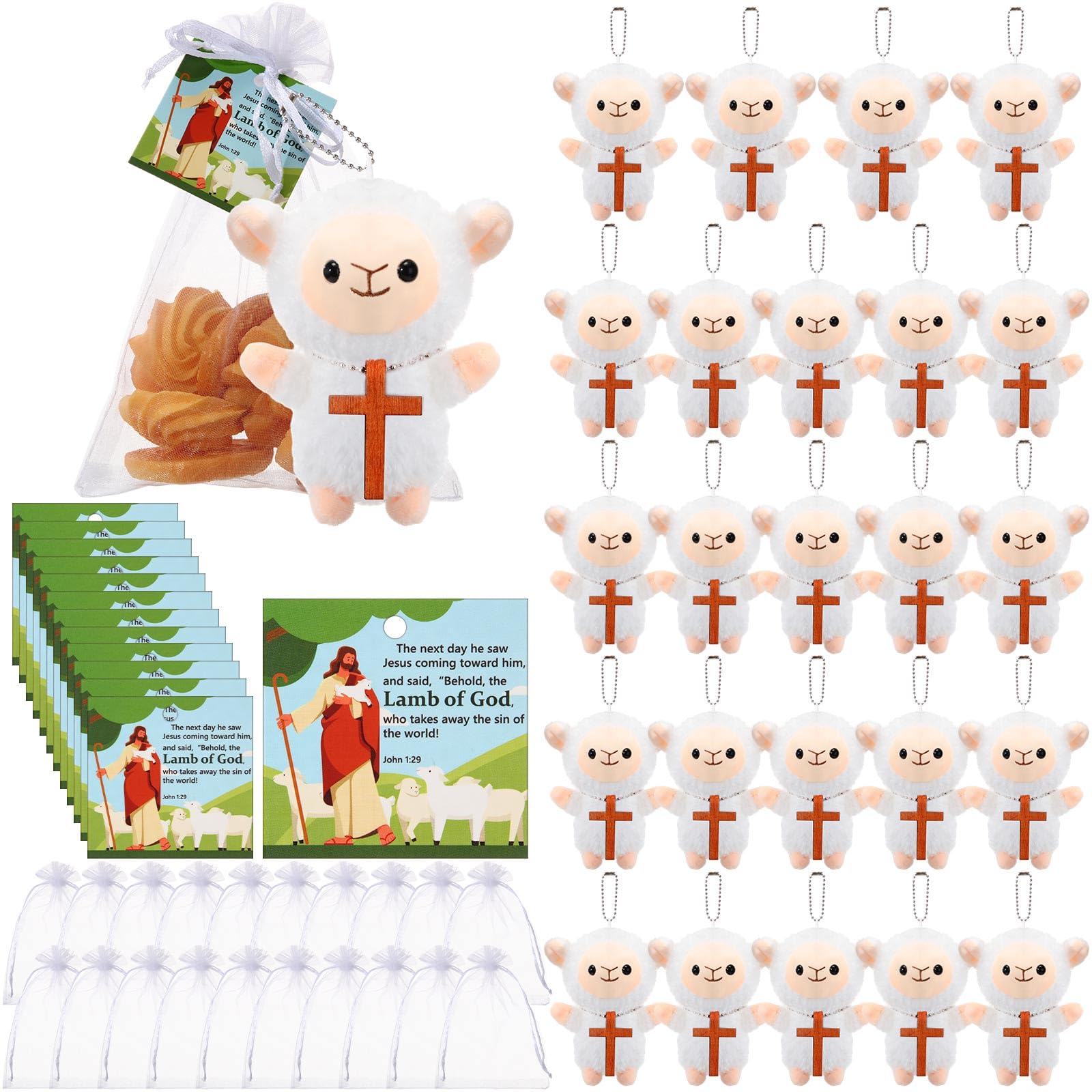 Blueweenly 24 Set Easter Lambs Plush Keychain Jesus Lamb Of God Mini Sheep Stuffed Animal With Bible Verse Card Organza Bags Chr