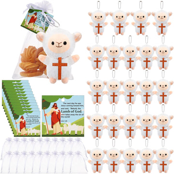 Blueweenly 24 Set Easter Lambs Plush Keychain Jesus Lamb Of God Mini Sheep Stuffed Animal With Bible Verse Card Organza Bags Chr
