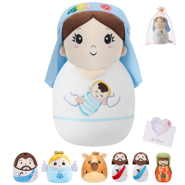 Leyoha Christmas Plush Nativity Scene Set - Mary Plush Baby Jesus Plush Soft Cuddly Stuffed Animal, Perfect Holiday Decor Christ
