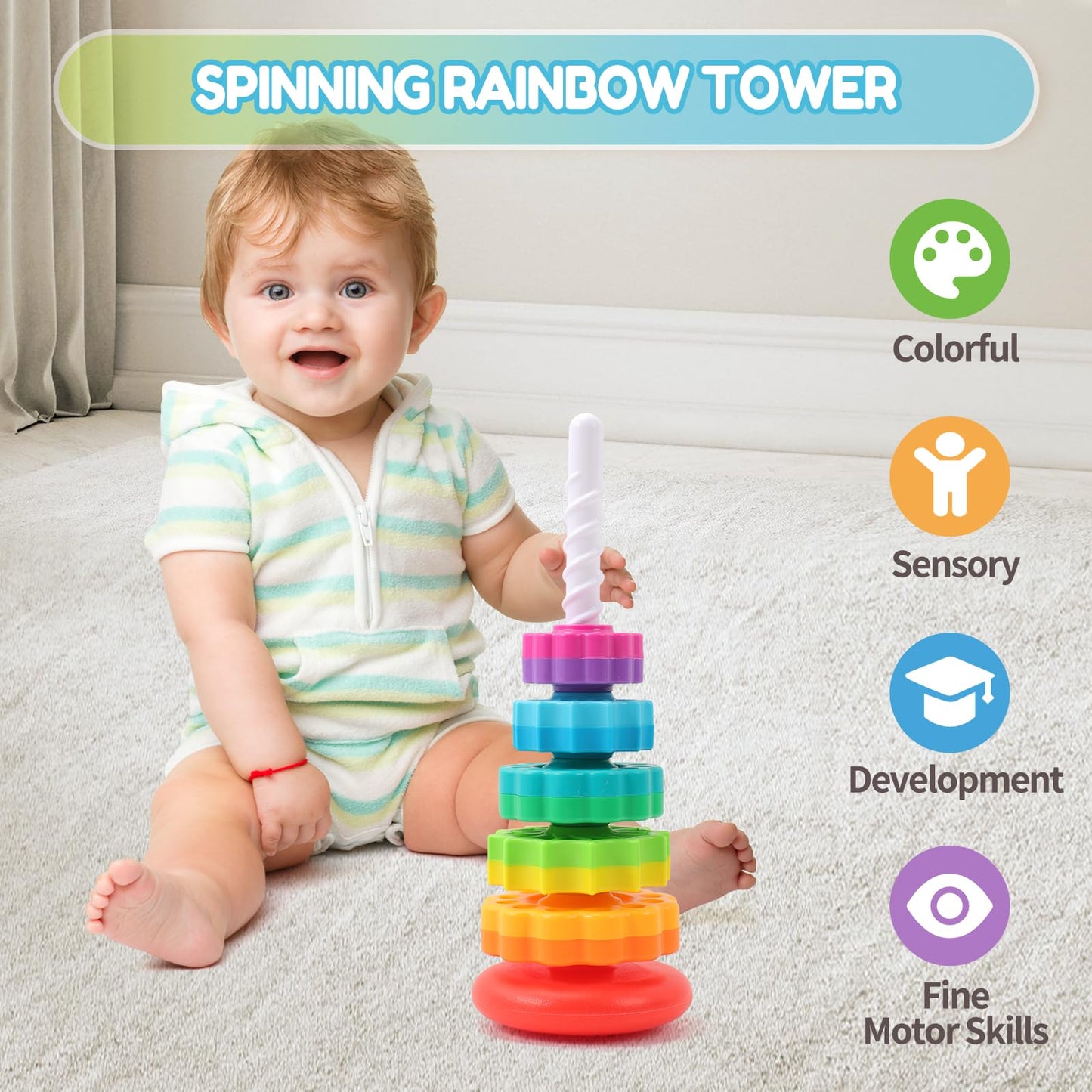 Baby Spinning Stacking Toys, 1-3 Rainbow Ring Stacker Montessori Toys For Babies, Sensory Toys For Toddlers, Christmas And Birth