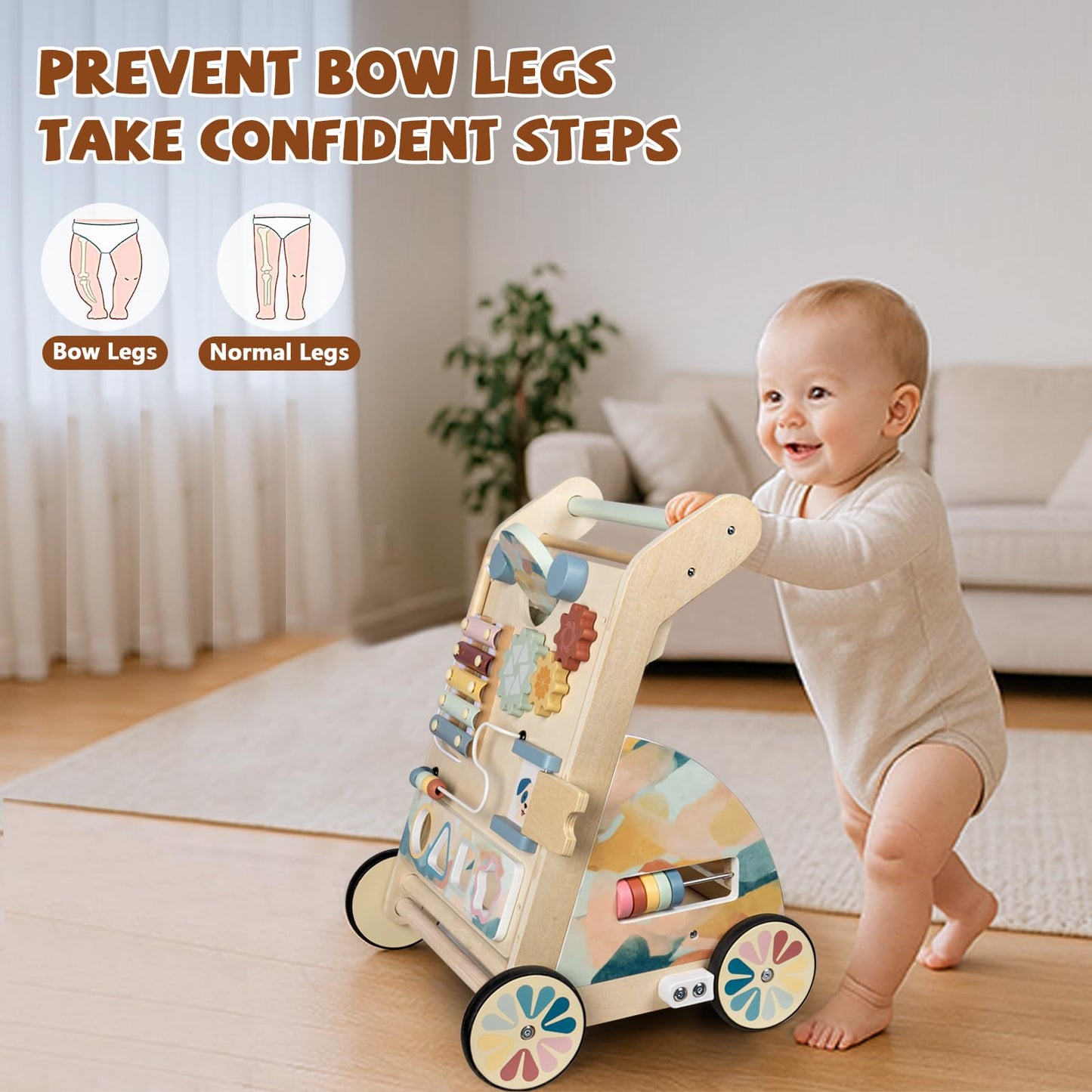 Bautia Wooden Baby Walker, Detachable Double-Sided Busy Board, Baby Walking Toys Push Walkers for Babies 6-12 Months