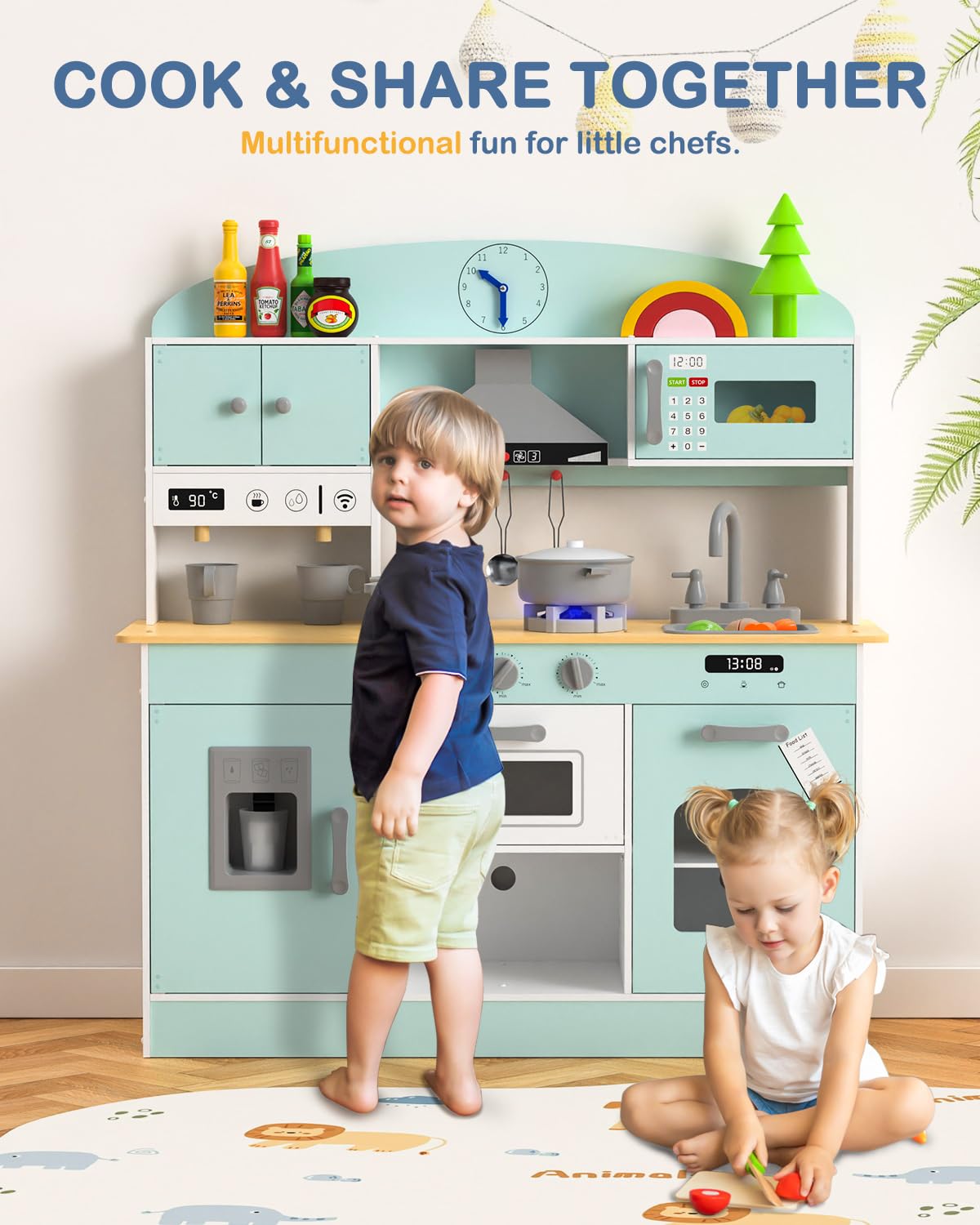 Babytronic Wooden Play Kitchen Set, Pretend Play Kitchen with Lights and Sounds for Kids Ages 3+, Includes Stove, Oven, Microwav