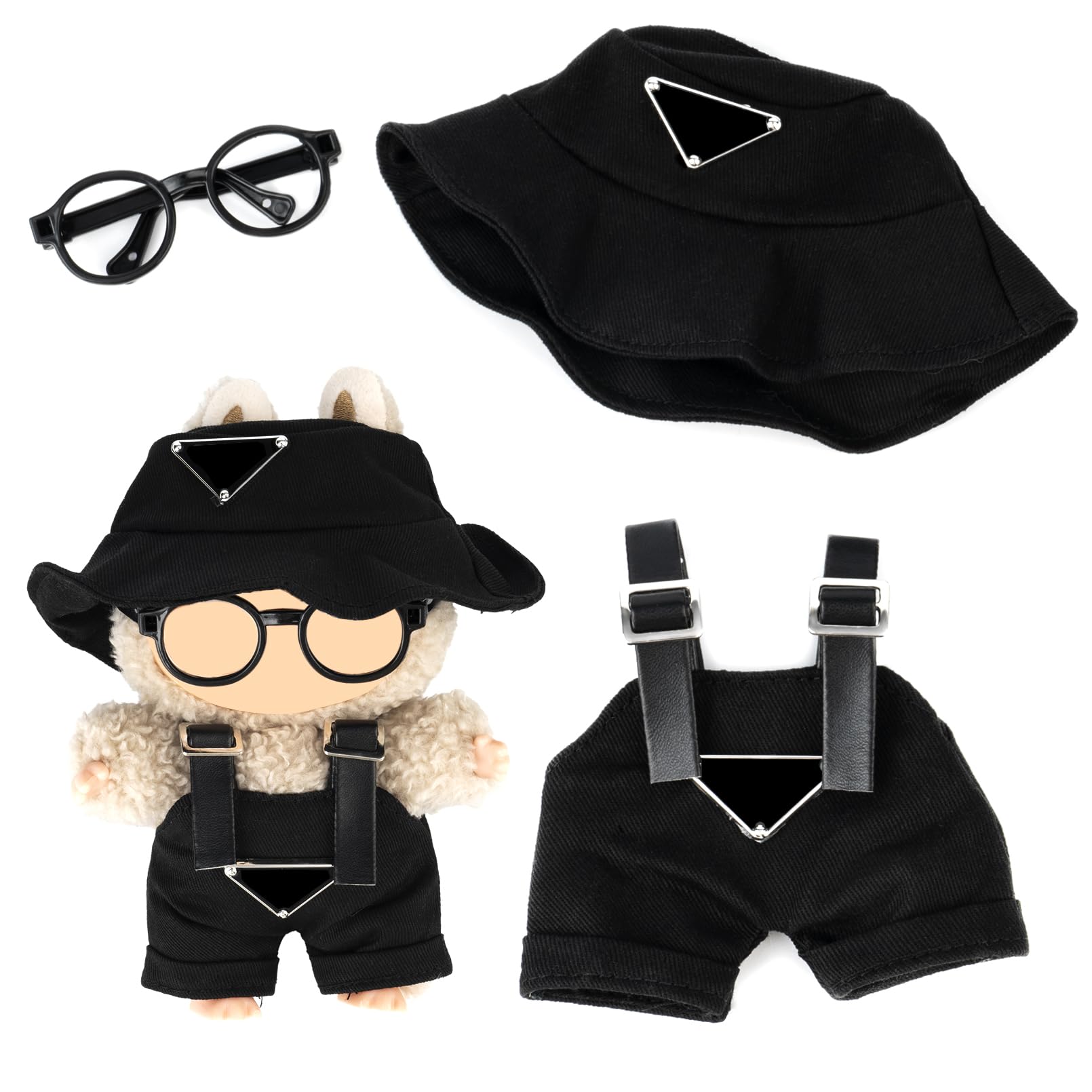 Clothes for Labubu(NO Doll) - Hat & Overalls Set for Labubu for LABUBU 17CM Dolls  Handcrafted Crochet Clothes Set  enhanced Fashion Cute Outfit for Dress Up  Play & Collector Display (Black)