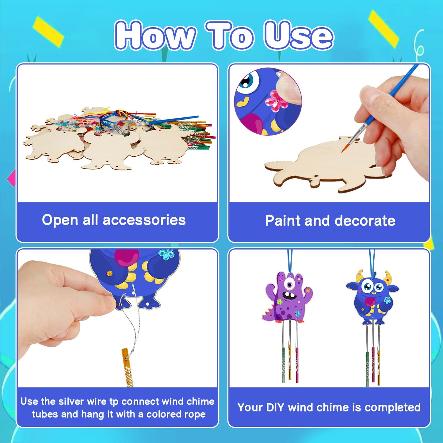 Fennoral 9 Pack Monster Wind Chime Kit For Kids Make Your Own Monster Wind Chimes Wooden Arts And Crafts For Girls Boys Diy Colo