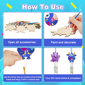 Fennoral 9 Pack Monster Wind Chime Kit For Kids Make Your Own Monster Wind Chimes Wooden Arts And Crafts For Girls Boys Diy Colo